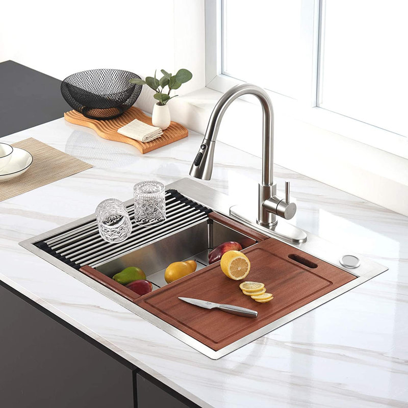 33" X 22" Drop In Kitchen Sink, 304t Stainless Steel Topmount Workstation Sink, Single Bowl With Integrated Ledge