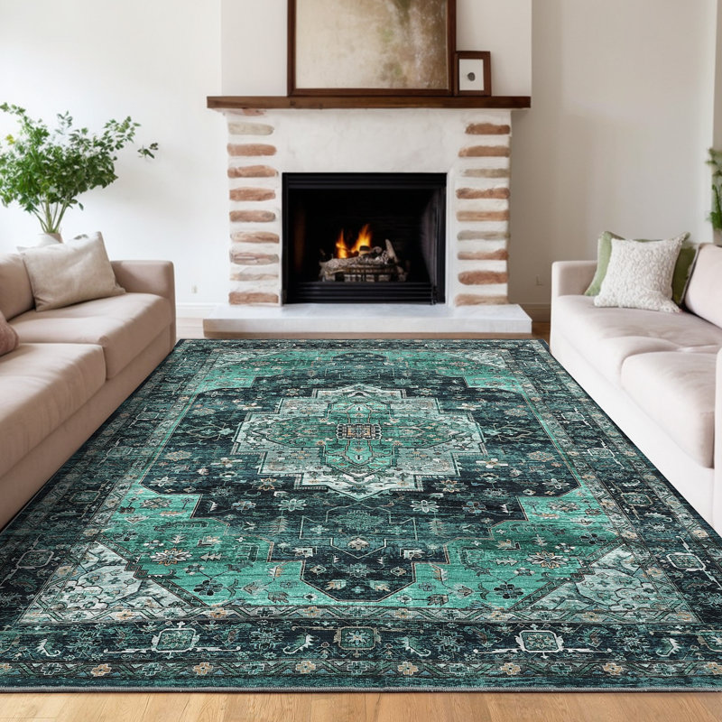 Mcquay Oriental Machine Washable Area Rug for Living Room Non-Slip Vintage Carpet with Rubber Backing for Bedroom Hallway Dining Room Kitchen Office Farmhouse