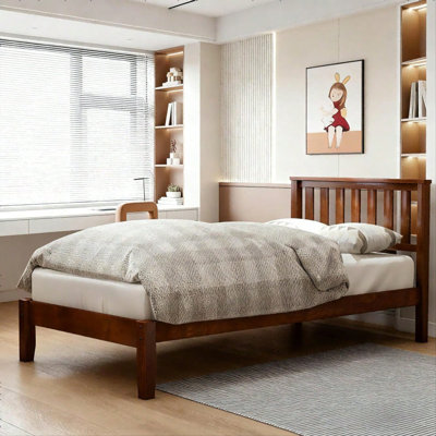 Twin Wood Platform Bed with Headboard, Solid Wood Bed Frame with Reinforced Slat Support, No Box Spring Needed, Low Profile Design, Walnut Finish,Mattress not included