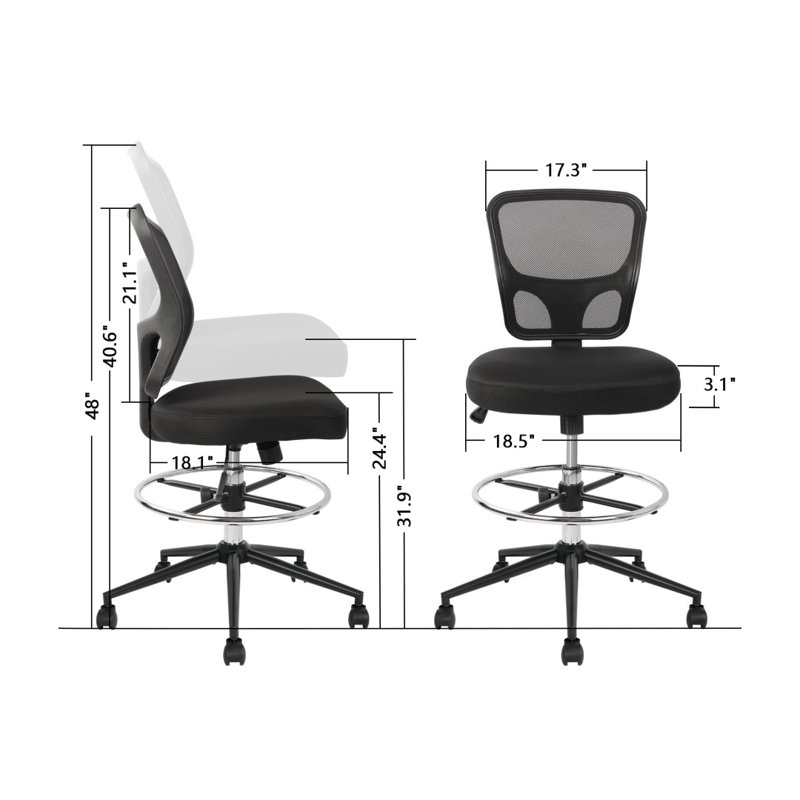 Armless Rolling Drafting Stool, Adjustable Height, With Footrest And Wheels