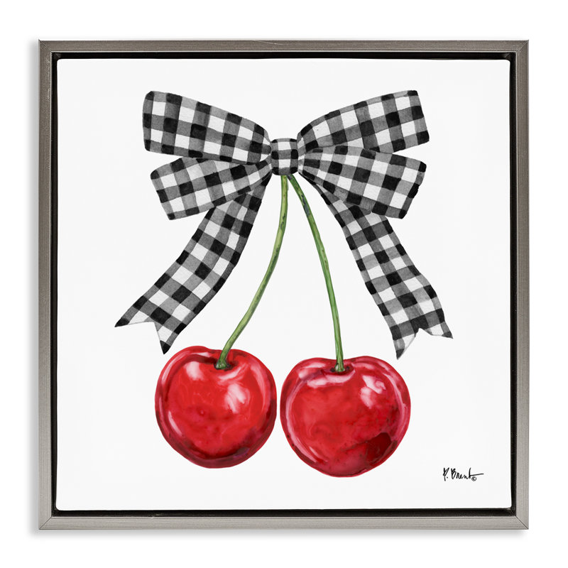 Cadre flottant Lucky Cherries & Plaid Bow, design par Paul Brent, H 25 po x l 25 po, Cadre flottant gris lustré
