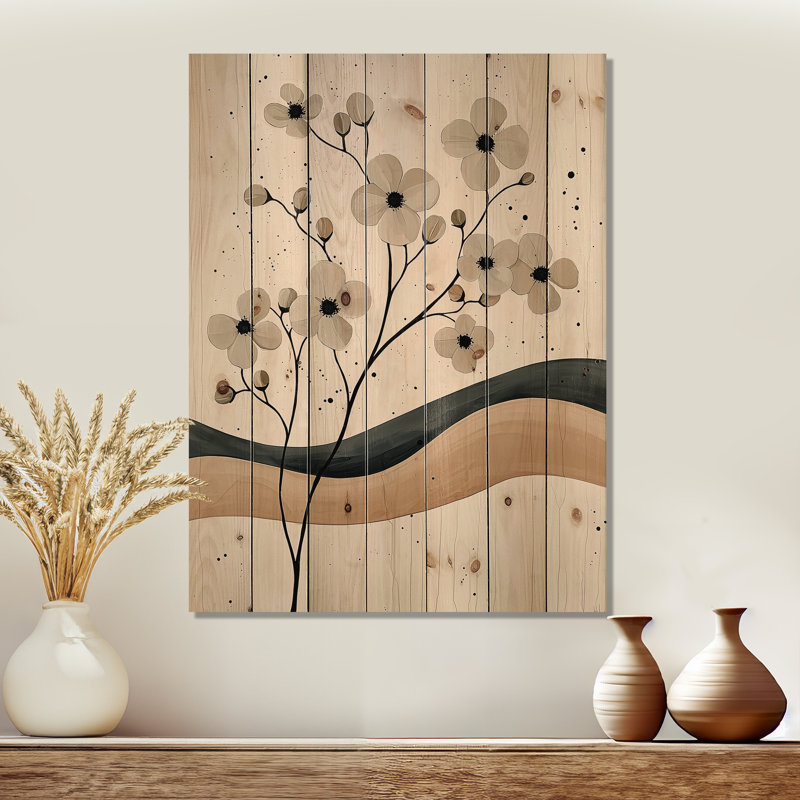 Desert Blossom Of Minimal Dogwood Flowers - Dogwood Wood Print - On Natural Pine Wood, 20" H x 10" W x 0.78" D