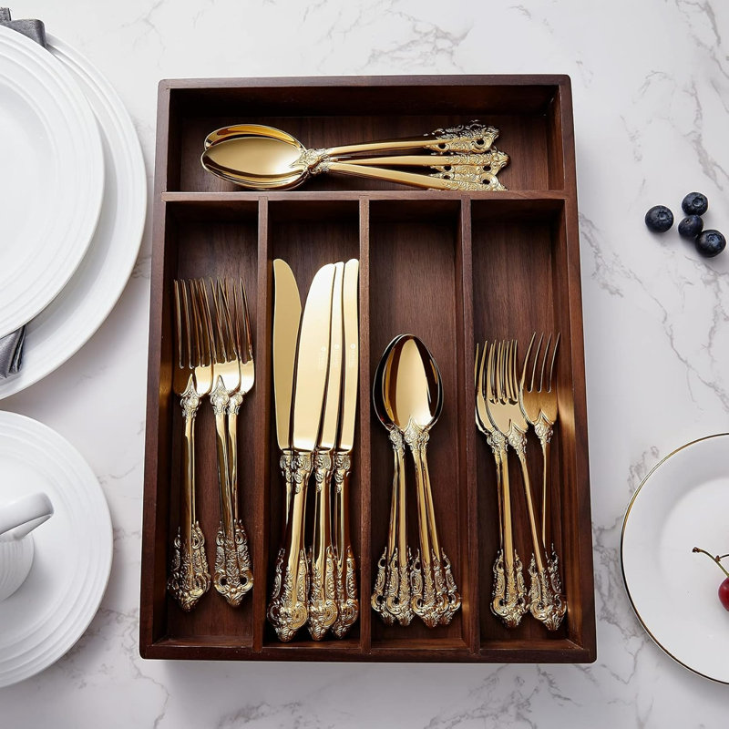 Stainless Steel Flatware Set 20 Pieces Service For 4 Silver Plated With Gold Accents Fine Silverware Set