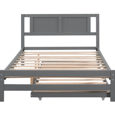 Full Size Platform Bed With Movable Gray Trundle - Superior Support Pine Wood Adjustable Structure