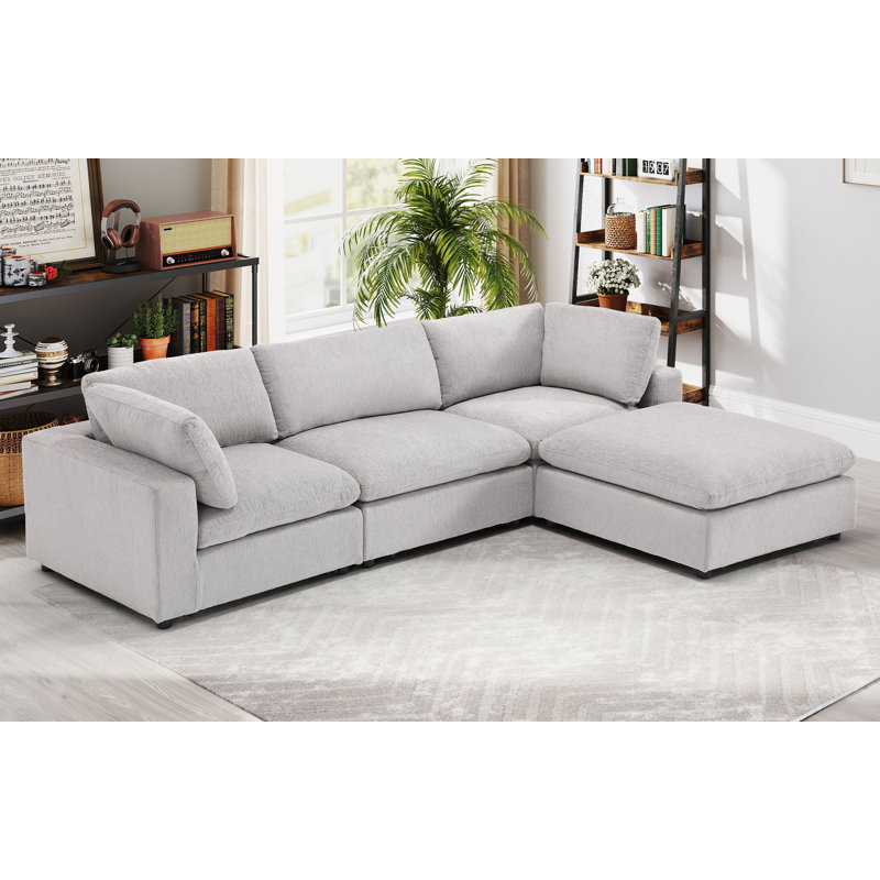 Canapé modulaire rembourré avec repose-pieds 4 pièces Nuccio, Chenille gris pâle