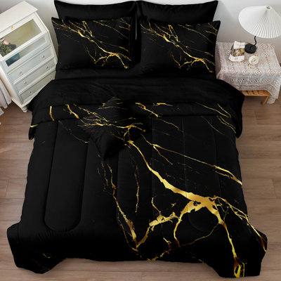 6 Pcs Bed in a Bag Black Marble Comforter Set Twin Size Gold Metallic Marble Bedding Set Black Gold Marble Bedding Comforter Set