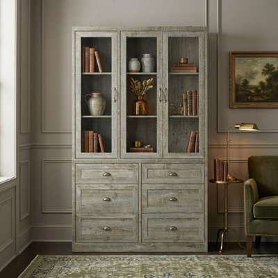 Wooden Display Cabinet With Tempered Glass And Adjustable Shelves