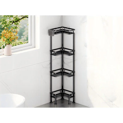 Étagère de douche d'angle sur pied - Organisateur de douche d'angle à 4 niveaux avec porte-brosse à dents et 16 crochets, étagères de salle de bain antirouille grande capacité, noir