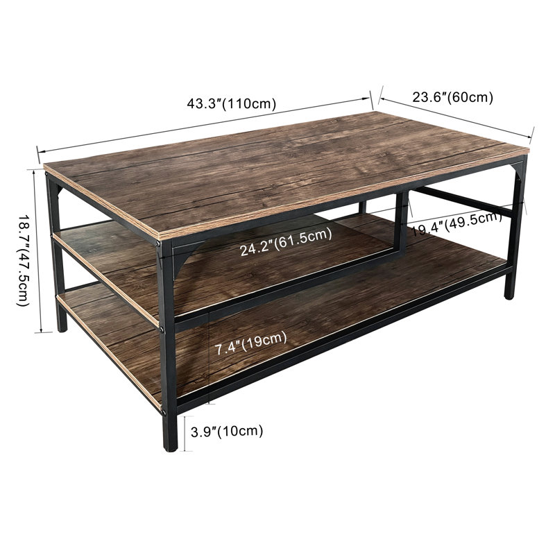 Table basse à 3 niveaux avec tablette de rangement, Brun, Bois naturel, Noir