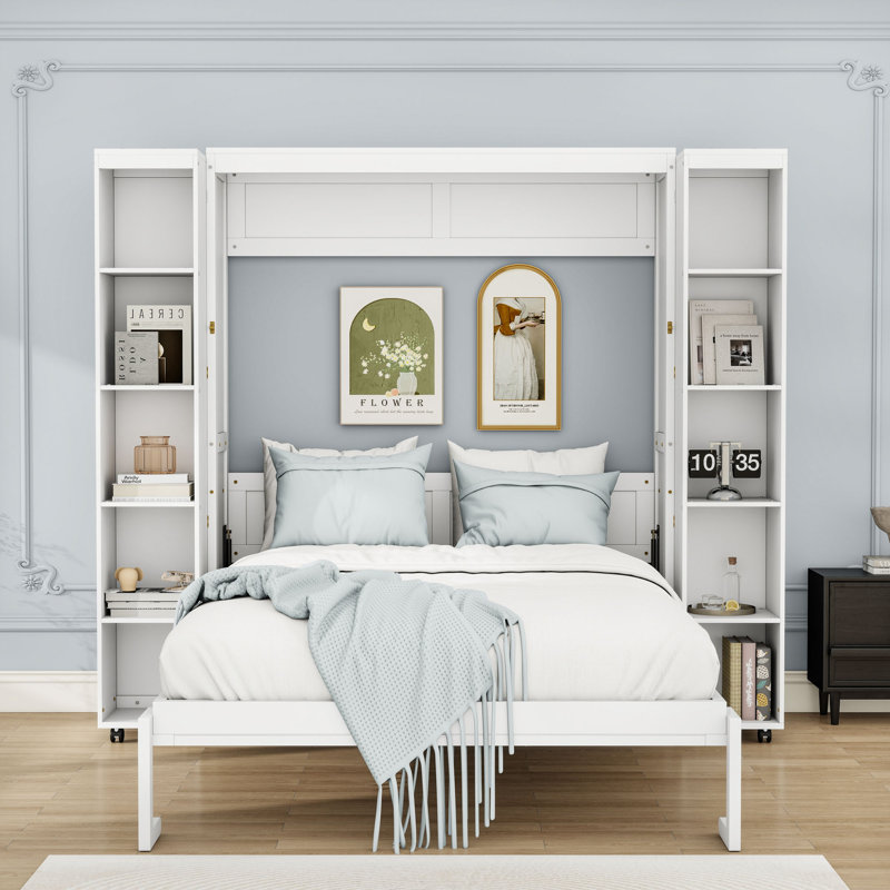 Grand lit escamotable avec armoires de rangement, Blanc