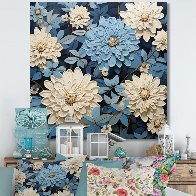 «White and Blue Zinnias Bounty II», reproduction sur toile encadrée, H 36 po x l 36 po x P 1,5 po, Toile tendue
