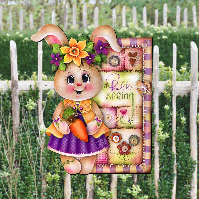 Crochet de porte de lapin de printemps fabriqué à la main - décoration de Pâques rustique - art mural saisonnier par J. Mills-Price