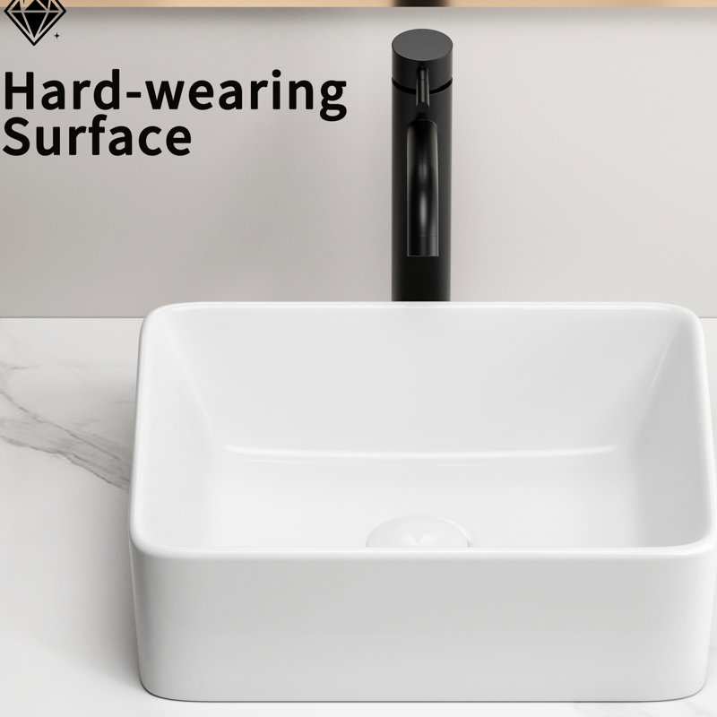 Rectangular Vessel Sink, White Bathroom Fit 1 - 3/4" Center Drain, , Non Chipping Ceramic Art Basin Material