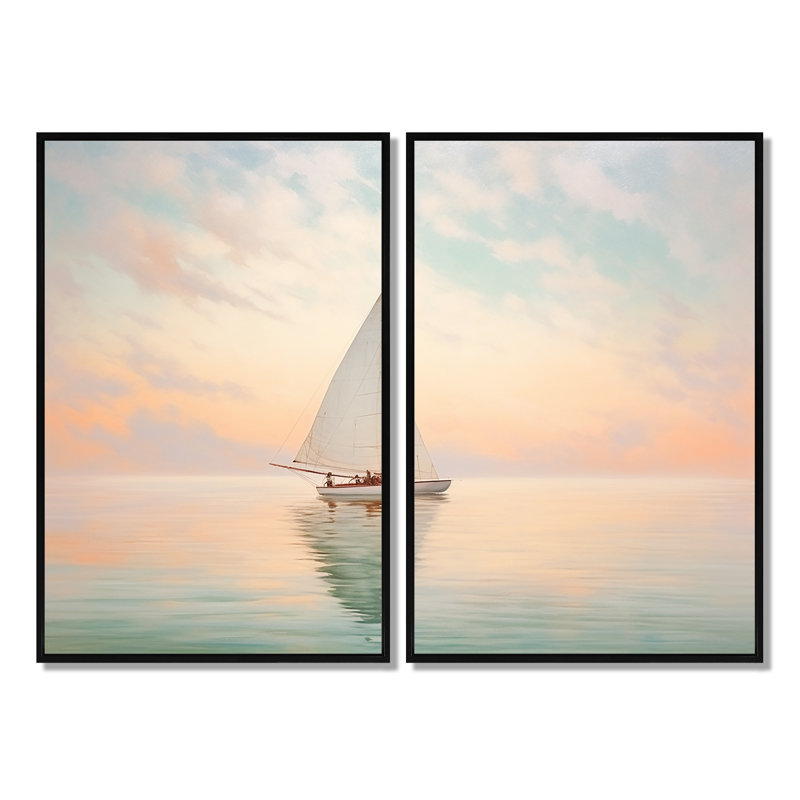 Bateau, "Ethereal Waters II" - art mural moderne gris, 36" H x 48" W, Impression encadrée flottante, Black