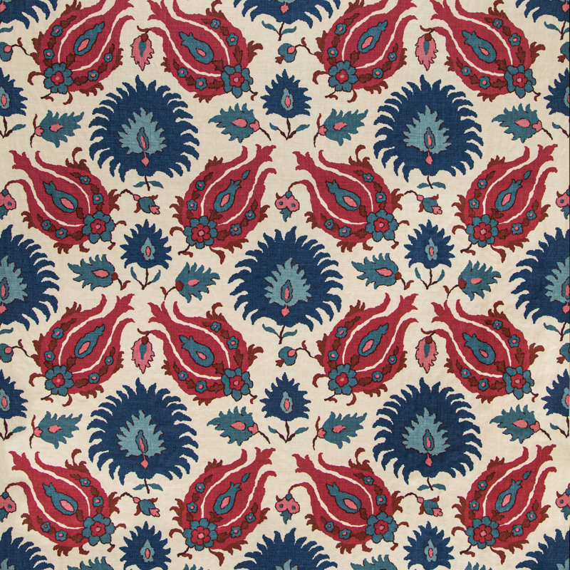 Grand Bazaar Kashmiri 100% Linen Performance Fabric, Navy/Berry