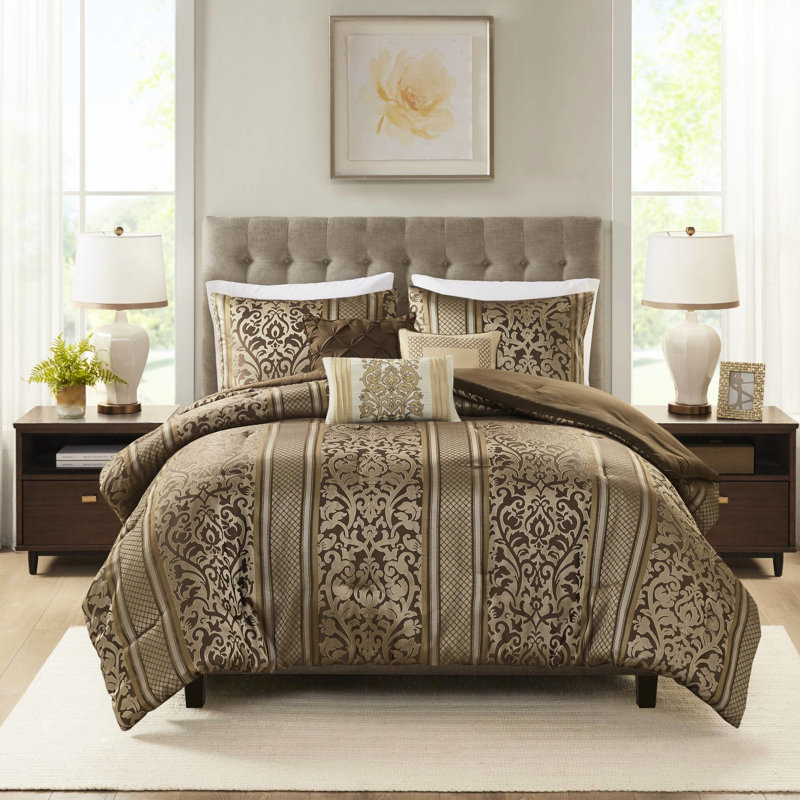 Édredon 6 pièces avec coussins décoratifs - Double / Grand, Motif de feuille, Tissu lavable à la machine Double / Grand, Design, Lavable