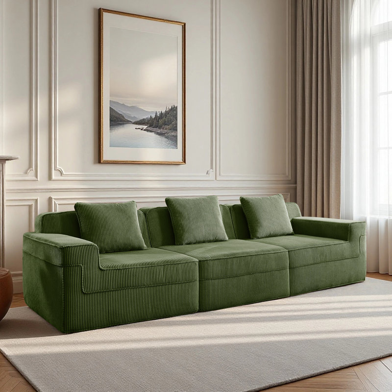 Modular 3 Seat Boneless Sofa, Cloud Sectional Couch With Deep Seat, Modern Modular 3-Seat Sofa Couch With Throw Pillows Corduroy Fabri