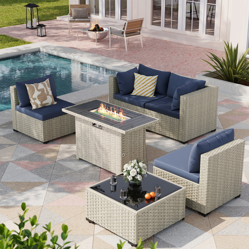 5 Pieces Design-Oriented Rattan Patio Conversation Sets With Fire Pit, Navy