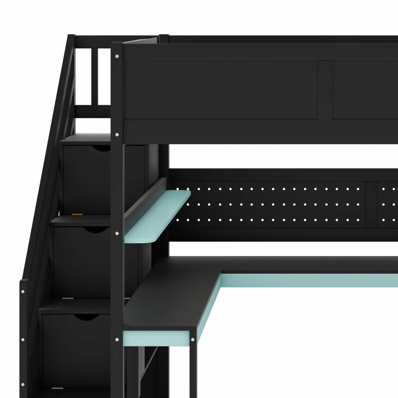 Lit mezzanine innovant avec bureau, tablettes, panneau perforé et escalier de rangement, Lit double, Noir / Bleu