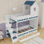 Lit superposé simple au-dessus de simple à 2 tiroirs avec escalier de rangement, éclairage à DEL et tablettes, conception de maison de château-811890195