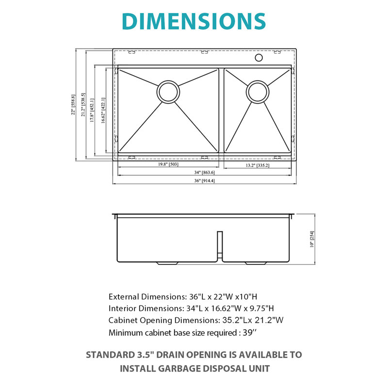 Évier de cuisine à montage sur comptoir Topmount - évier de cuisine à double cuve de 36 po x 22 po x 10 po de calibre 16 avec deux cuves profondes de 10 po