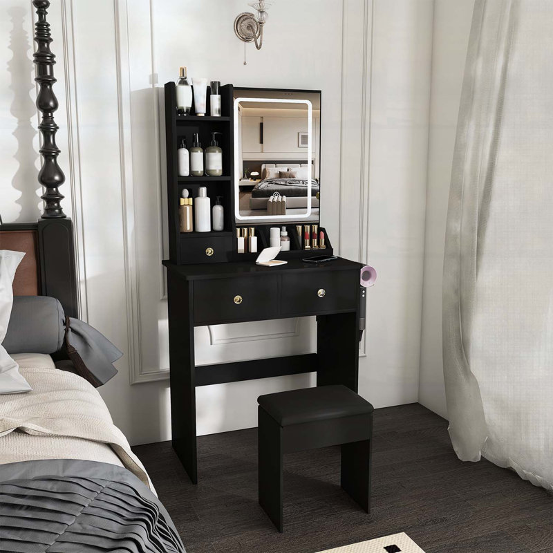 Petit meuble-lavabo moderne avec 3 modes d'éclairage DEL, 3 tiroirs, des tablettes ouvertes, un support pour sèche-cheveux et une prise de courant, y compris une chaise à langer