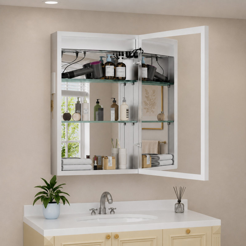 Armoire à pharmacie avec miroir à DEL de 24 po x l 30 po avec éclairage à intensité variable, désembueur, très grand espace de rangement, tablettes en verre réglables, encastré ou à fixation en surface, homologué ETL
