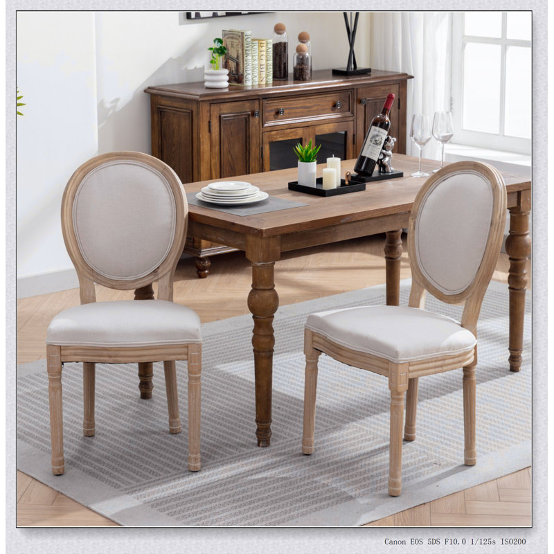 Meuble, ensemble de 2 chaises de salle à manger avec cadre en bois massif de style français, Beige
