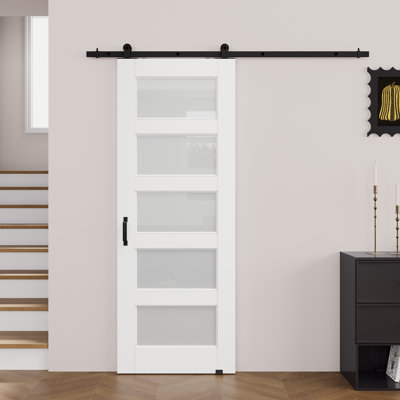 Pre-Finished White 5-Lite Frosted Glass Sliding Barn Door With Easy-Install Installation Hardware Kit/No Assembly Required