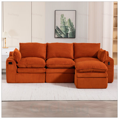 Canapé modulaire en L compressé modulaire en L rembourré en velours côtelé avec repose-pieds mobile, trois coussins lombaires et deux coussins de siège amovibles