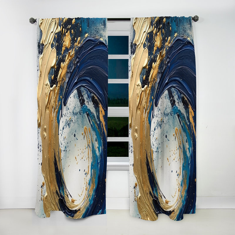 Dark Blue and Gold Strokes VI - Modern Curtain - Velvet Room Darkening - 1 panel, 52" W x 108" L