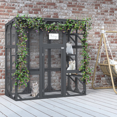 Outdoor Cat Shelter With Six Platforms, Waterproof Roof, Galvanized Steel Wire Mesh, Wood Frame, Grey Platforms And Wire, Pleasant Pet Enclosure, Gray