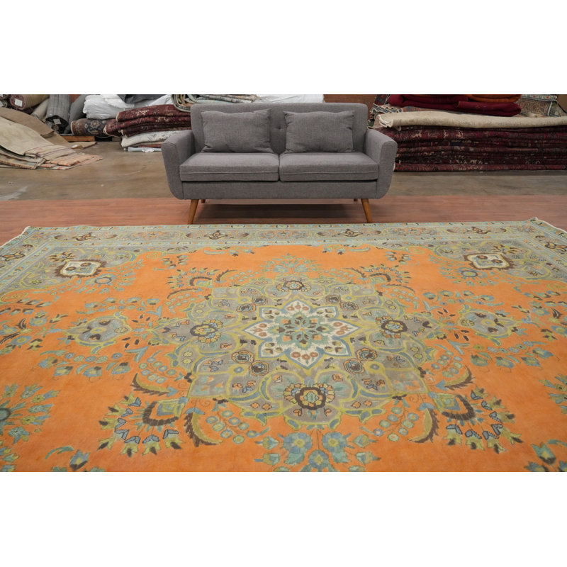 Tapis traditionnel orange en laine médaillon 10 x 13