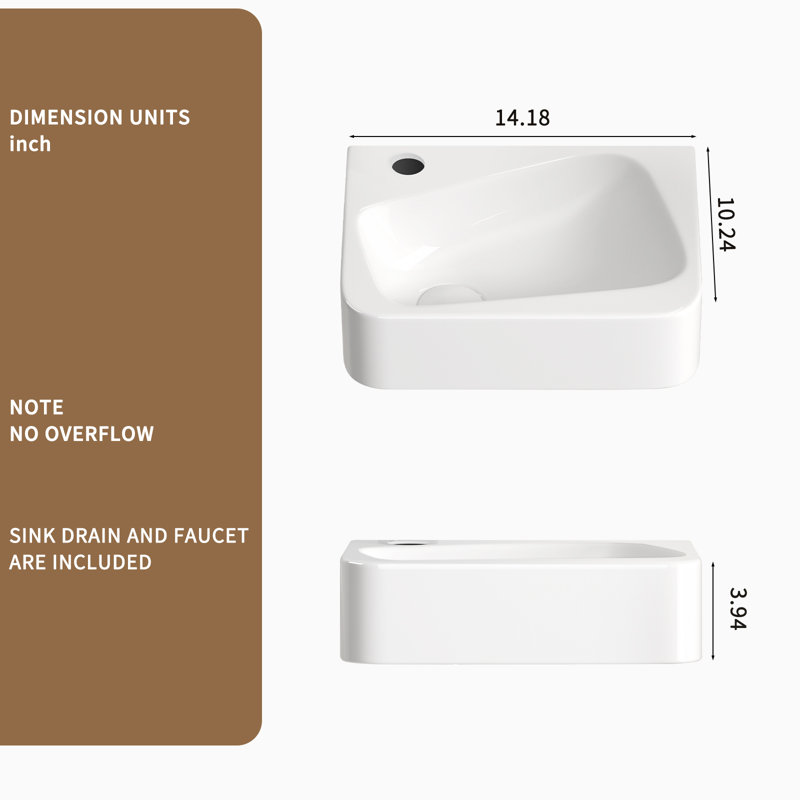 Lavabo de salle de bain mural rectangulaire en porcelaine avec robinet et drain Floretta