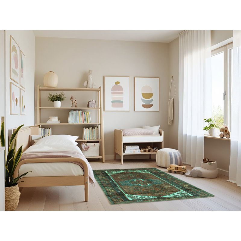Tapis oriental fabriqué à la machine en vert / brun, Rectangle 4 pi x 6 pi