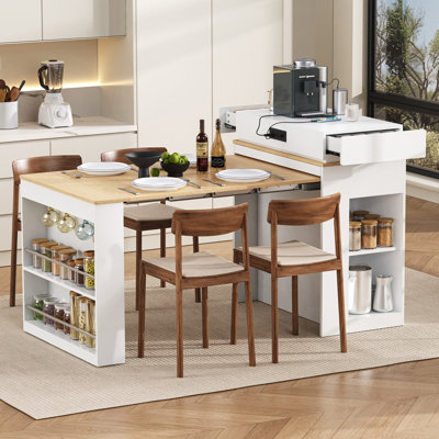 Table de salle à manger extensible avec plateau pliable, prise de courant et rangement, idéale pour les cuisines et les salles à manger modernes