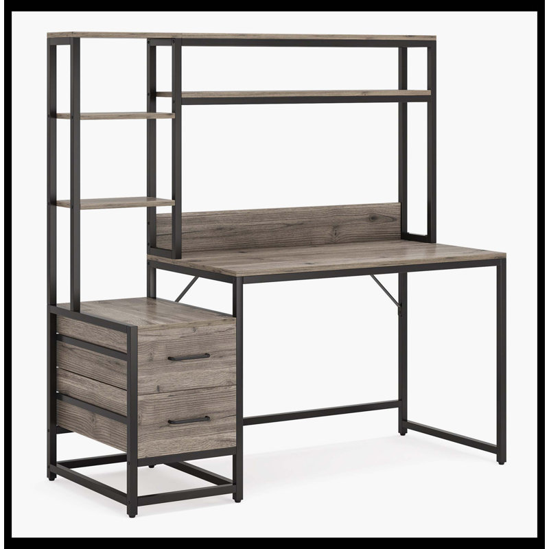 Table d'écriture de 60 po avec 2 tiroirs et tablettes de rangement, Gris