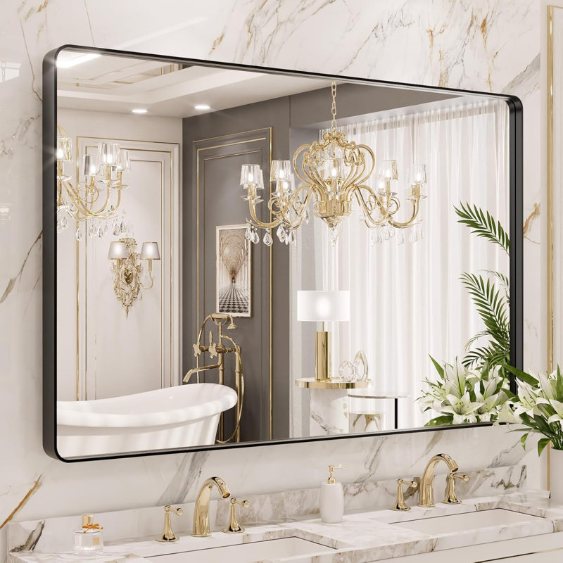 Miroir de salle de bain avec cadre en métal pour mur, miroir de meuble-lavabo Farmhouse, 48 po x 40 po, Noir, Rectangulaire