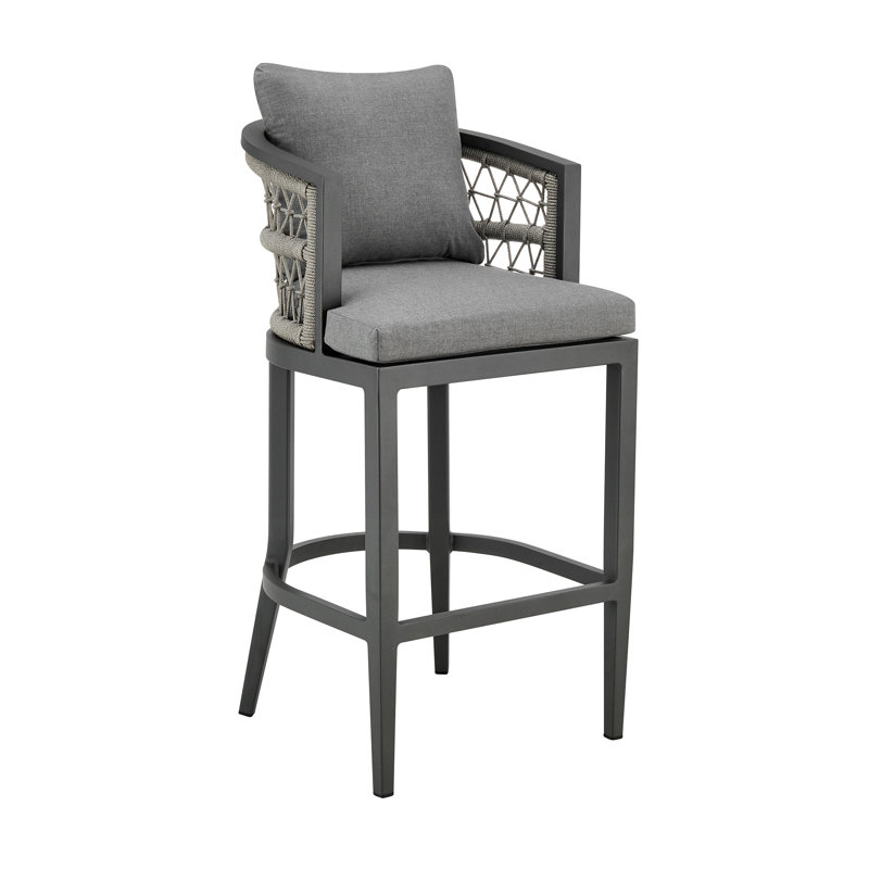Tabouret de bar d'extérieur Rinehart en aluminium avec corde gris clair et coussins Earl Grey