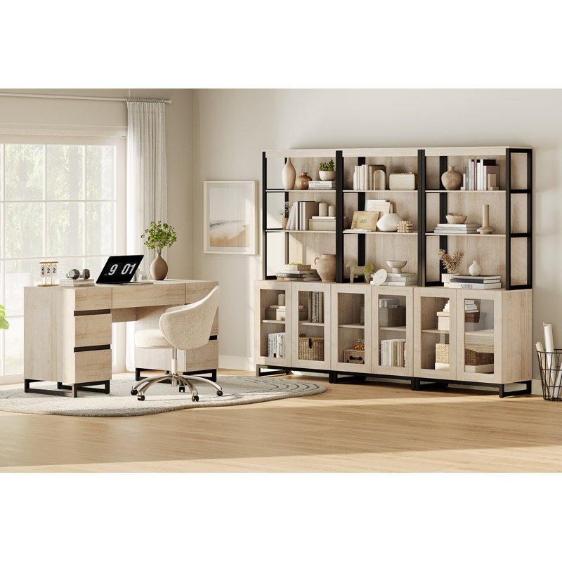  Home Office Set: 59" Modern Desk With Charging Station And Storage Cabinet,Three 72" Tall Bookcases With Adjustable Shelves, Wood Computer Desk And Library Storage Cabinet For Work Study