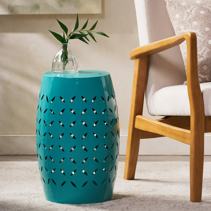 Table d'appoint lilas sarcelle de 12 pouces avec un design moderne en baril et une finition résistante aux intempéries pour une utilisation intérieure et extérieure