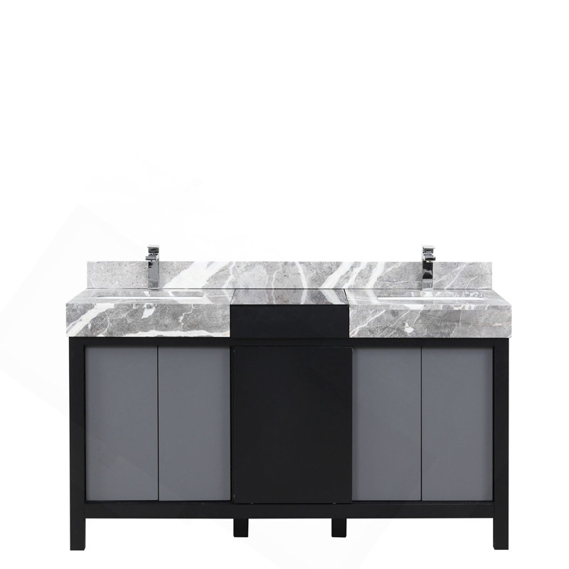 Meuble-lavabo double noir et gris 60 po X P 22 po D, ensemble de dessus en marbre gris et robinet chromé