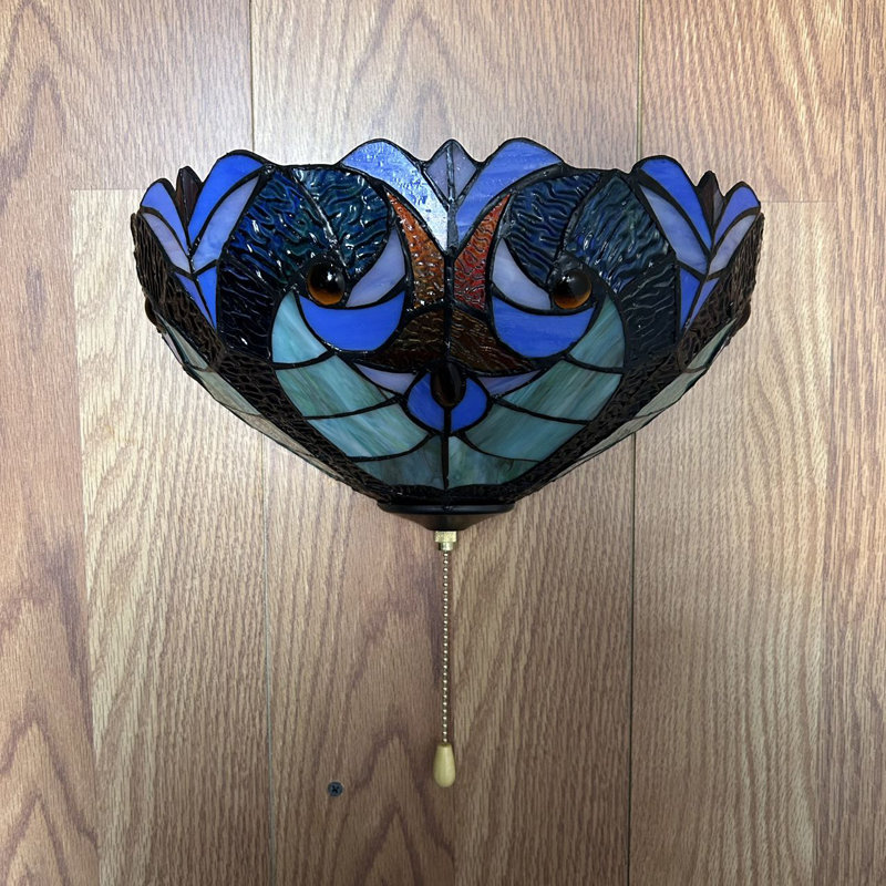 Simonson Tiffany Wall Sconces Half Moon Blue Green Stained Glass Pull Chain Switch LED Bulb 12"W*6"D*7"H
