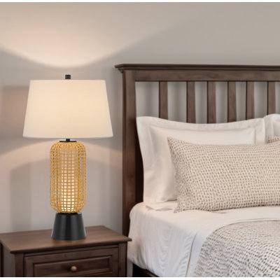 Wicker Table Lamp - 30"H Woven Wicker and Black Finish with White Hardback Fabric Shade, 100W 3-Way E26 2W LED Night Light