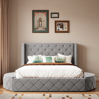 Lit plateforme tapissier avec tête de lit à oreilles, 1 grand tiroir et 2 tabourets de rangement latéraux
