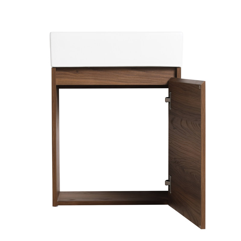 Meuble-lavabo flottant 18 po avec lavabo - capacité de rangement généreuse, vasque en céramique, design, petit ébène brun, rangement intérieur spacieux de 18 po, lavabo, contemporain