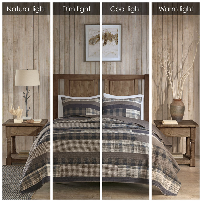 Full Brown Cotton Reversible Quilt Set with Plaid Stripes