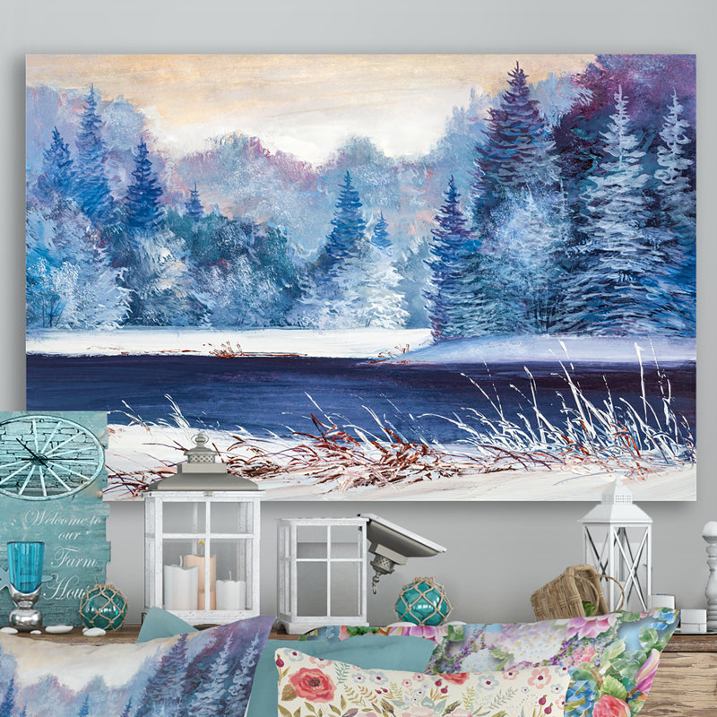 Forêt de Noël avec rivière - Peinture sur toile, H 8 po x l 12 po x P 1 po, Toile tendue