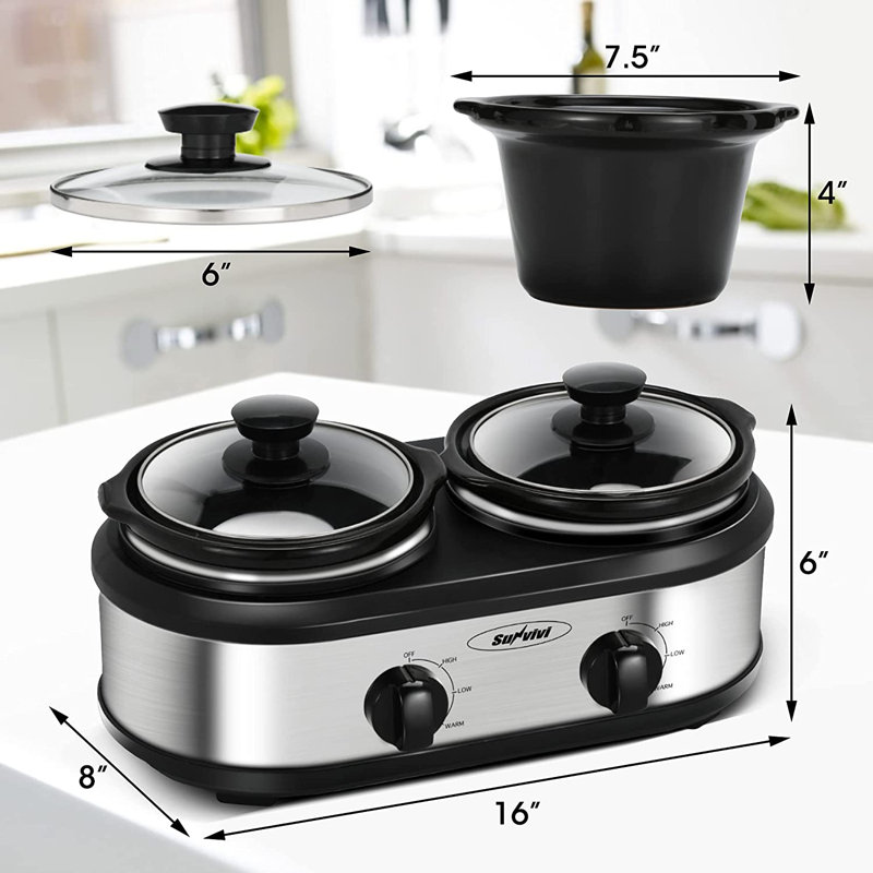 Sunvivi Dual Pot Slow Cooker, 2 x 1.25 Qt, Silver