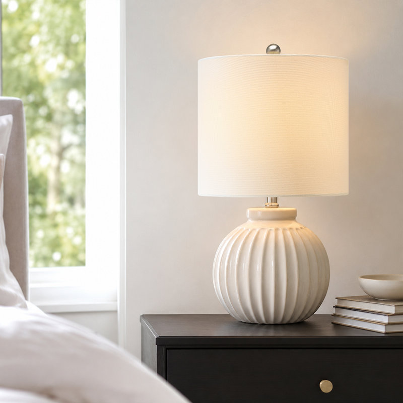 18in Ivory Ceramic Table Lamp with Drum Shade